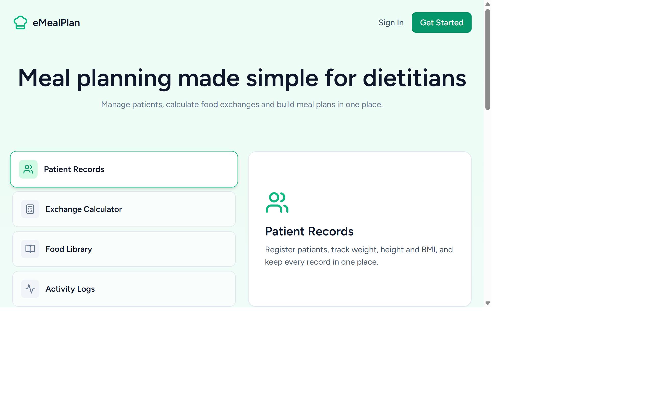 eMealPlan landing page showing meal-planning features